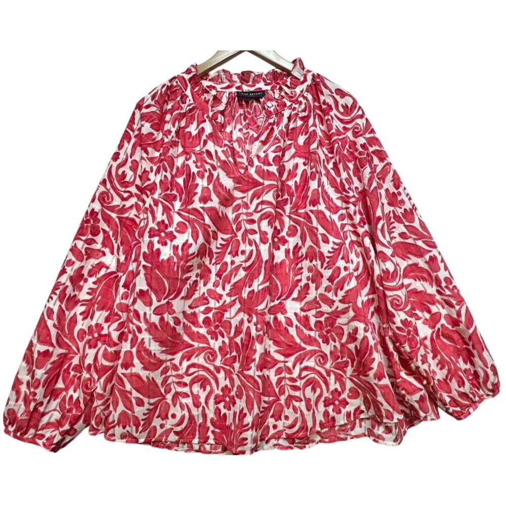 Lane Bryant Womens Split Neck Tunic Blouse Long Sleeve Sz 22/24 Red White Floral